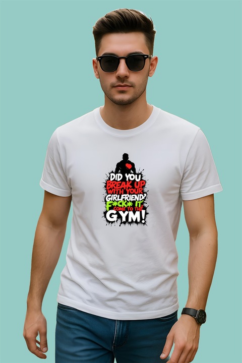 Tricou Breakup Come To The Gym Baiat Silueta, Barbat, 100% bumbac, Cri-Flo, Culoare Alb, Marime M