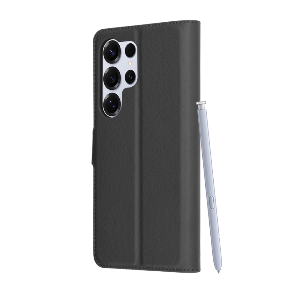 Husa pentru Samsung Galaxy S25 Ultra, SKYDDAR INNOVATION, Leather Folio tip Carte, cu Portofel Interior, Finisaje Premium, set cu sticker, Negru