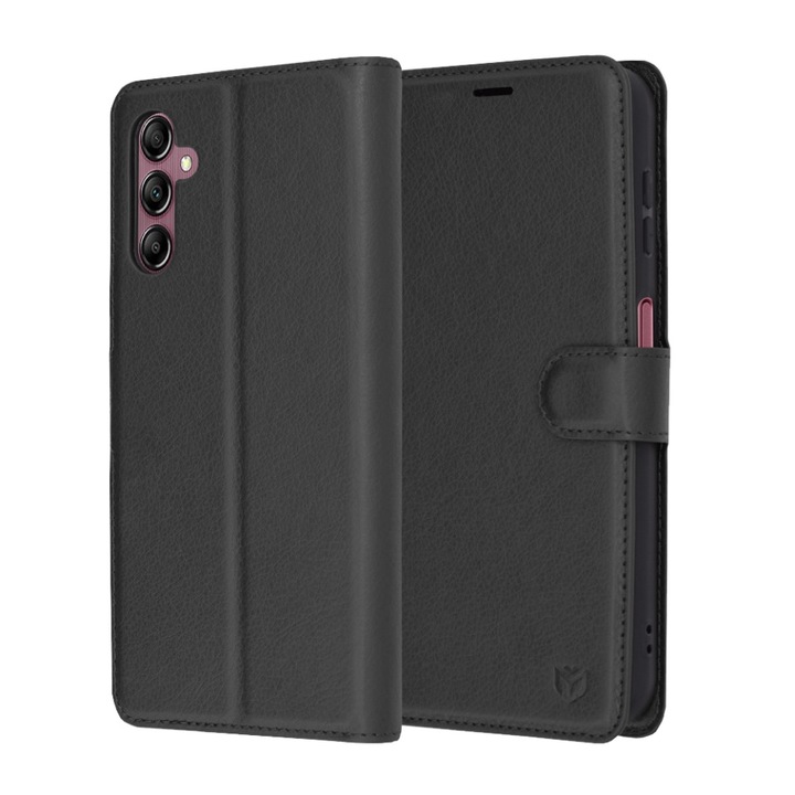 Husa pentru Samsung Galaxy A14 5G / Galaxy A14 4G, SKYDDAR INNOVATION, Leather Folio tip Carte, cu Portofel Interior, Finisaje Premium, set cu sticker, Negru