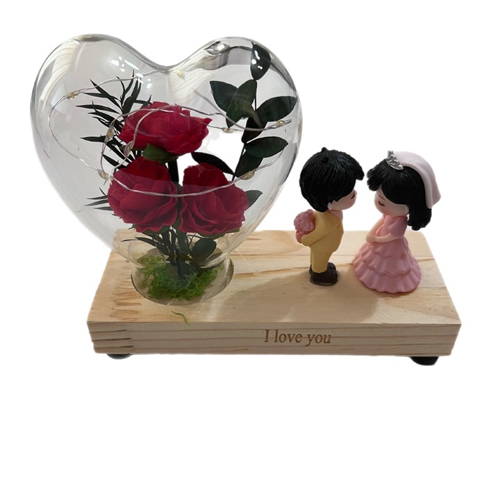 Figurina decorativa luminoasa cu indragostiti si inimioara cu flori, cu LED, Tip 2
