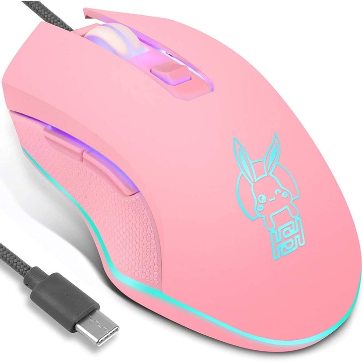 USB-C vezetékes optikai egér, ergonomikus, 7 LED, rózsaszín, 2400 DPI, 6 gomb