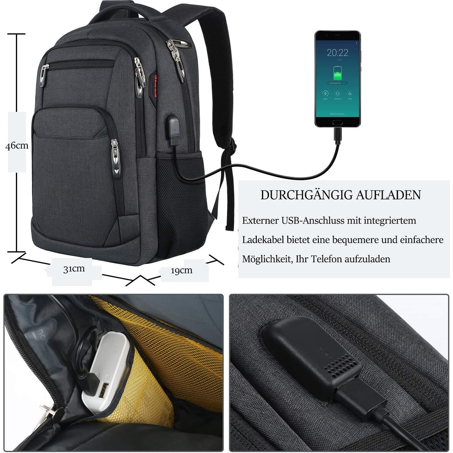 Rucsac pentru laptop cu port de incarcare USB, pentru barbati/femei/baieti/adolescenti, pentru serviciu, scoala, universitate, cu compartiment pentru laptop si geanta antifurt (15, 6 inci, negru)