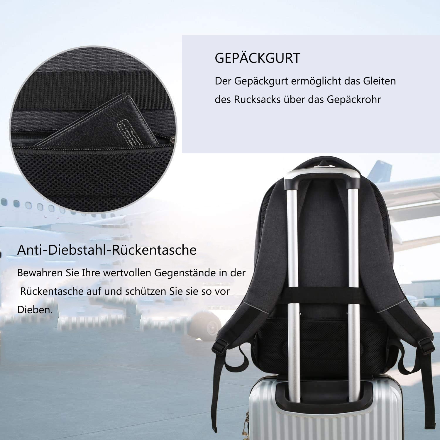Rucsac pentru laptop cu port de incarcare USB, pentru barbati/femei/baieti/adolescenti, pentru serviciu, scoala, universitate, cu compartiment pentru laptop si geanta antifurt (15, 6 inci, negru)