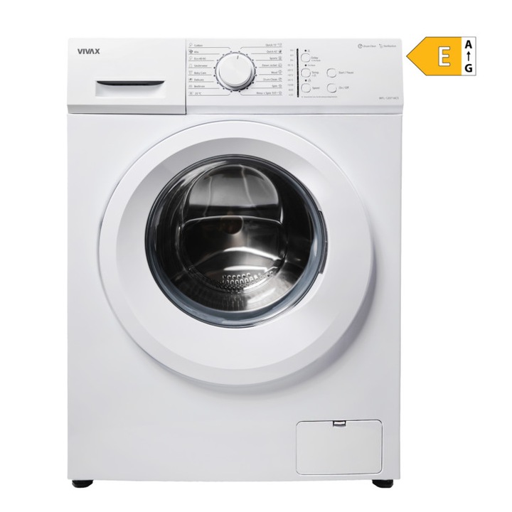 VIVAX WFL-120716CS Mosógép, 7 kg, 1200 RPM, E osztály, Baby Care, Eco, Elektronikus vezérlés, Gyerekzár, Állítható hőmérséklet, Dobtisztítás, Sterilizálás, Gyorsprogram, Késleltetett indítás, 16 program, Fehér