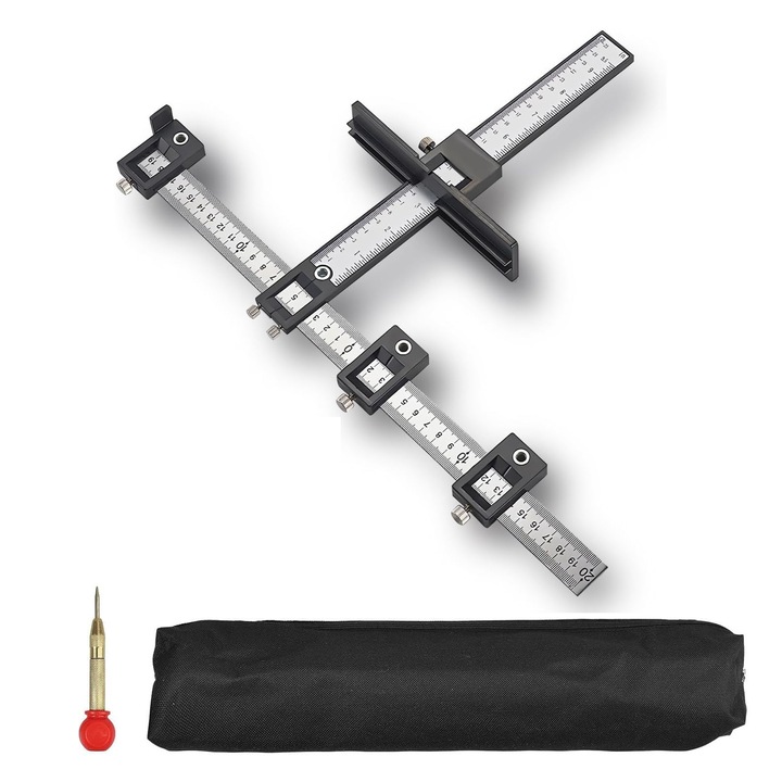 Sablon pentru gaurire, Axroad Mall, Control precis, Usor de transportat si depozitat, Ciocan centrat automatic, Evita vibratiile la gaurire, Set perfect pentru manere si trageri pe sertare/usi, Otel, 41*30cm, Negru