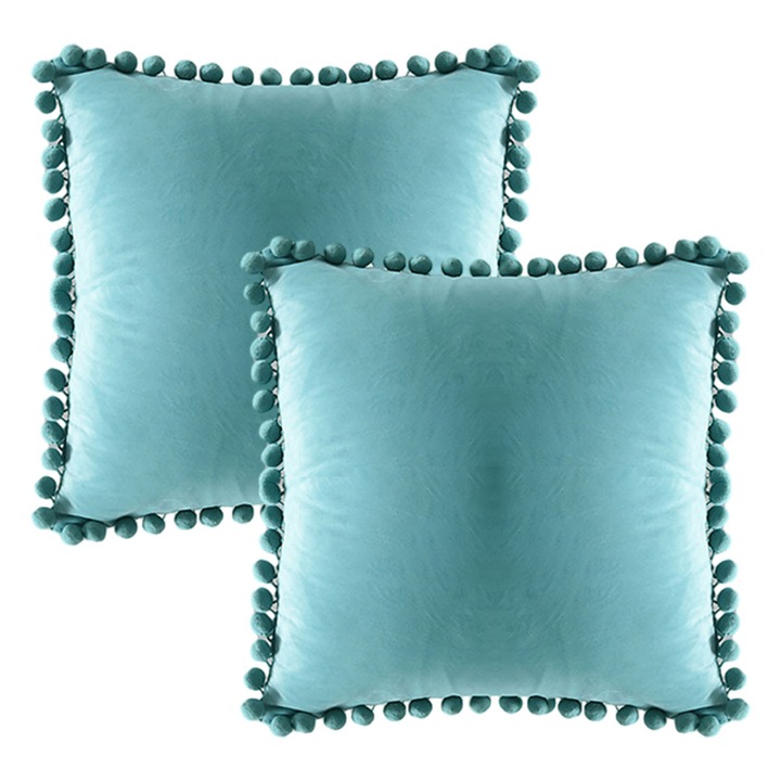 Fata de perna Decorte 20x20, pachet de 2 fete de perna patrate din catifea moale, confortabile, cu pompoane, decor rustic pentru casa, verde apa