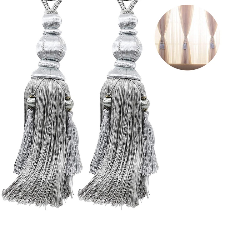 Set 2 accesorii perdea minge cu ciucure, bej auriu argintiu, 75x30cm