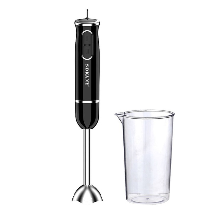 Пасатор Sokany, 2 регулируеми степени на скорост, Бъркалка от неръждаема стомана + острие от неръждаема стомана, Мерителна чаша 600 мл, Разглобяема глава за лесно почистване, Ергономичен дизайн на дръжката, 300 W, Черен