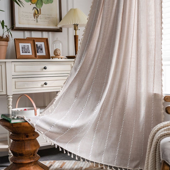 Boho pamut és len függönyök, rojtokkal, khaki, 132x91cm, 2 db-os szett