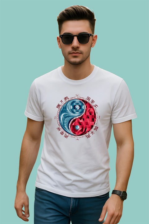 Tricou Yin Yang Rosu Albastru Stil Japonez, Barbat, 100% bumbac, Cri-Flo, Culoare Alb, Marime XL