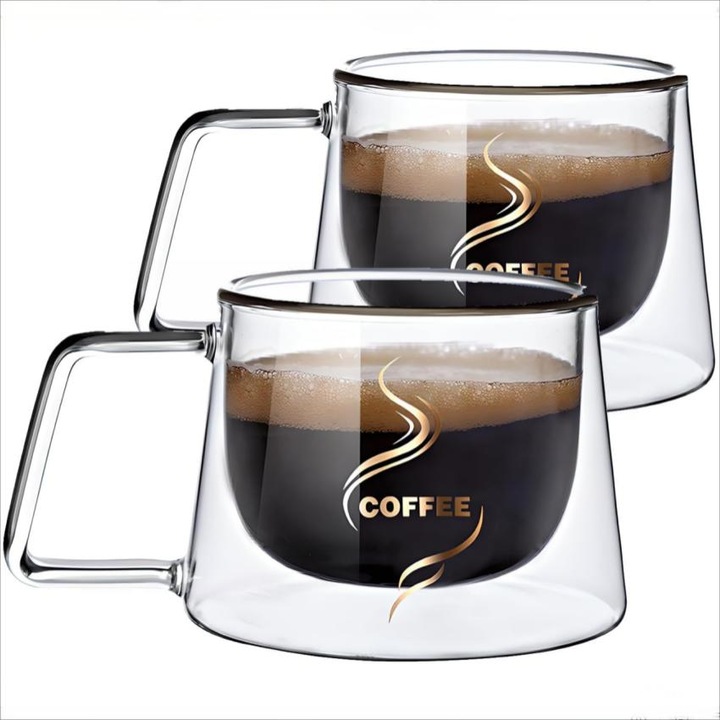 2 darabos Omelivon® duplafalú üvegbögre készlet, KÁVÉS modell, modern dizájn, hőálló, 200 ml űrtartalom, 74*93mm