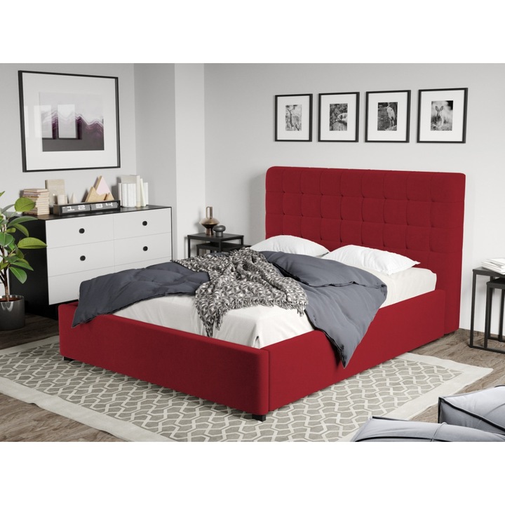 Pat Tapitat Rivo cu Somiera fixa, 140x200, Visiniu/Velluto 7