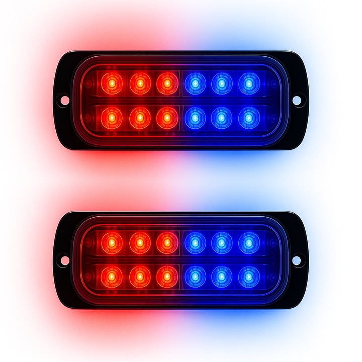 Set 2 Stroboscoape 12 LED, lumina rosu-albastru de urgenta si avertizare, 12V-24V AutoSSF ® 15 Moduri Flash, IP65, 1400 lumeni, pentru gabarit, platforma, ATV, Tractor, Jeep, Off Road