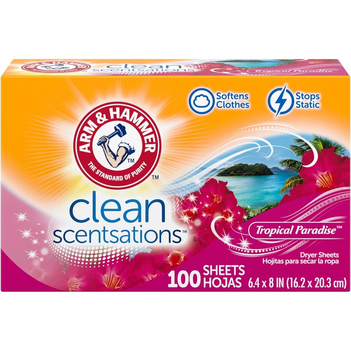 Parfümös szárítókendő, Arm&Hammer, Clean Scentsations, Tropical Paradise, ruhákhoz, lágyítja az anyagot és csökkenti az elektrosztatikusságot, 100 db