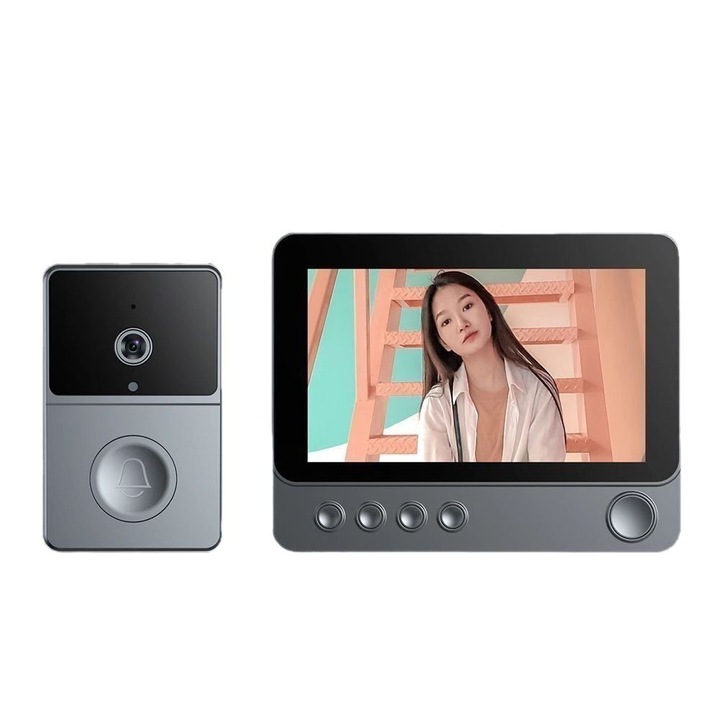 Sonerie video, wireless 2, 4 GHz, ecran IPS HD de 4, 3 inchi, inregistrare foto si video, interfon bidirectional, mod noapte, suport card TF, consum redus de energie, gri