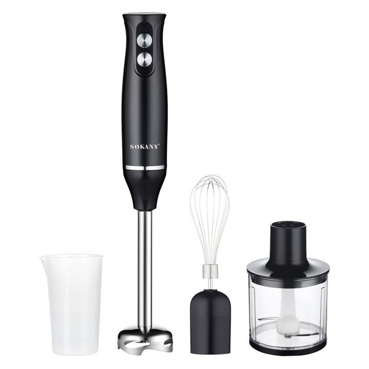 Blender SOKANY 4 az 1-ben, multifunkcionális élelmiszer-feldolgozó, 2 állítható sebességfokozat, rozsdamentes acél keverőrúd + rozsdamentes acél penge, mérőedénnyel, tojáskeverővel, kaparóval, levehető keverőfejjel a könnyű tisztítás érdekében