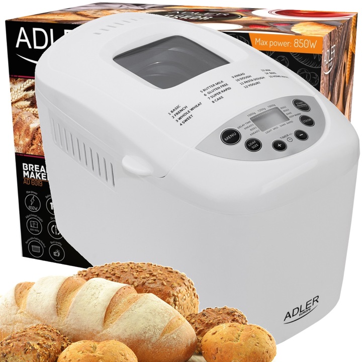 Set Masina De Paine Cu Accesorii, Adler, Ad 6019, Putere, 850 W, Amestecator Dublu, Recipient Detasabil, Ecran Lcd Clar, Multicolor