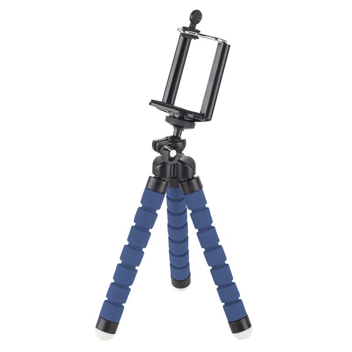 Trepied foto telescopic, telefon / camera, cauciuc, 12cm, Albastru