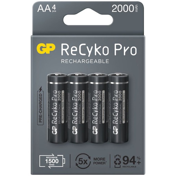 GP ReCyko+ Pro tölthető akkumulátor HR6, 4xAA 2000mAh, 4db/bliszter B08274, fekete