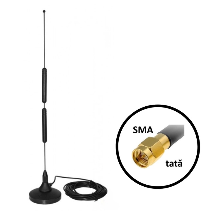 Antena omnidirectionala, auto/birou GSM, 3G, 4G, 11dBi, cablu 5m, mufa SMA