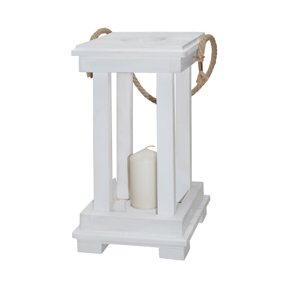 Felinar din lemn cu agatatoare, Alb, Suport lumanare, 20x20x35 cm
