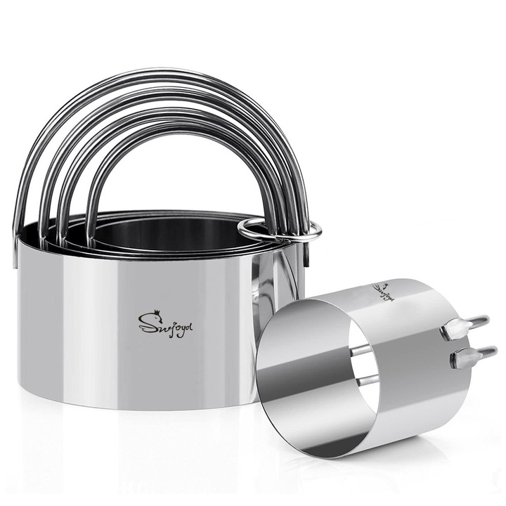 Süteményforma készlet, SWJOYOL, fém, 5 darabos, ezüst, 8.2x8.2x4cm, 7.5x7.5x4cm, 6.5x6.5x4cm, 5.5x5.5x4cm, 4.5x4.5x4cm