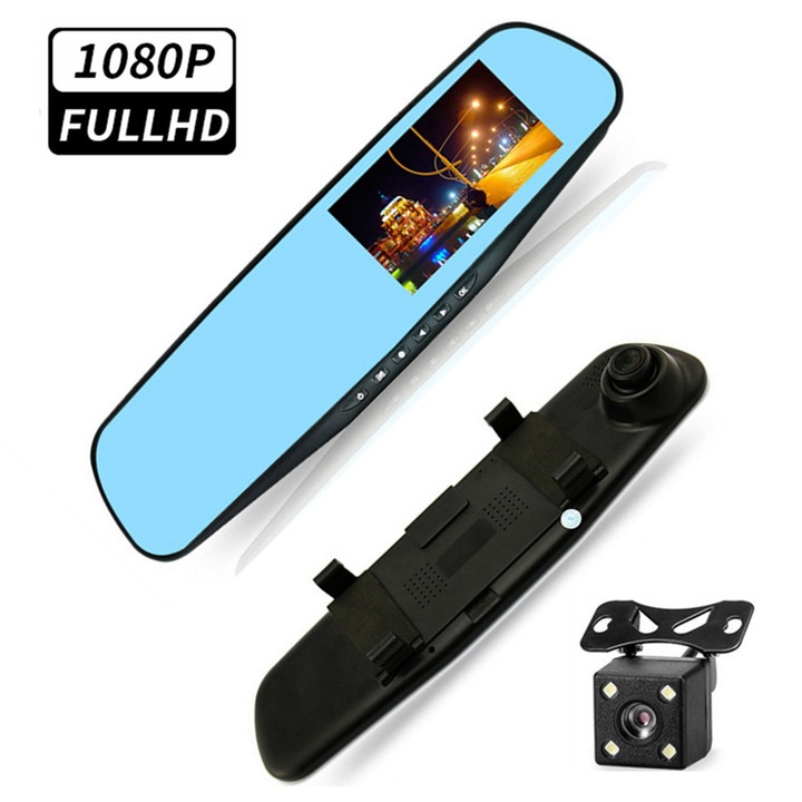 Oglinda Retrovizoare cu Camera Video DVR, Fata-Spate GT600, cu G-Senzor, Ecran 3.5 Inchi, Slot Card