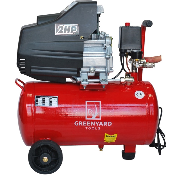 Компресор Greenyard GY‑AC50, маслен, 50 L, 1.5 kW (2 hp), 8 bar, 2 манометра, 178 l/min, 22 kg, 2 г. гаранция
