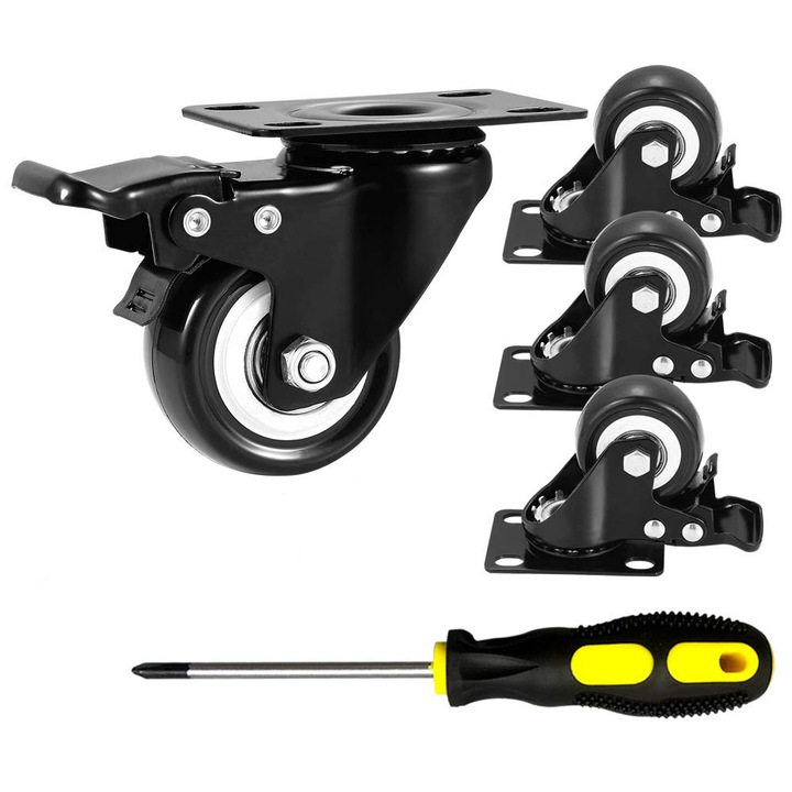 Set de 4 roti pivotante, SWJOYOL, 1.5 inch, capacitate 150kg, cu frana, poliuretan, negru