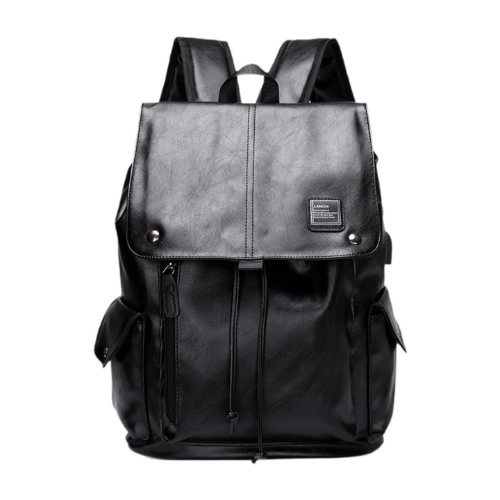 YANYXR, rucsac pentru laptop din piele PU cu port USB, compartiment pentru 16 inch, buzunare multiple, fermoar rezistent BCS3221393, negru, 42x30x16 cm