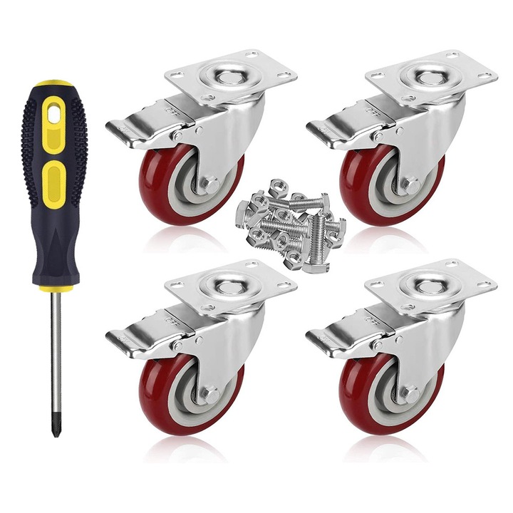 Set de 4 roti pivotante, SWJOYOL, 3 inch, metal, capacitate 350kg, cu frana, pentru echipamente de transport