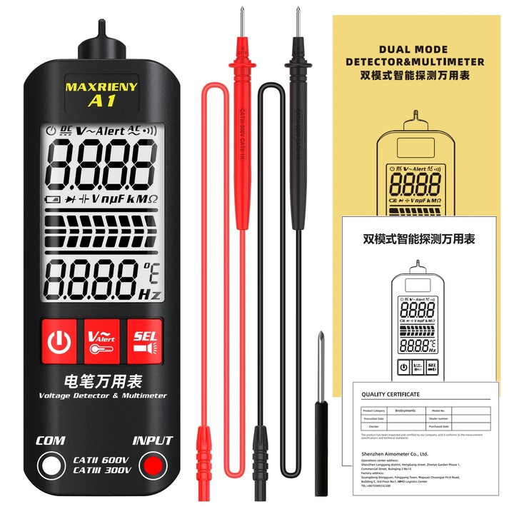 Tester de tensiune, Maxrieny, Detectare non-contact, Moduri de sensibilitate duala, Design compact, Negru