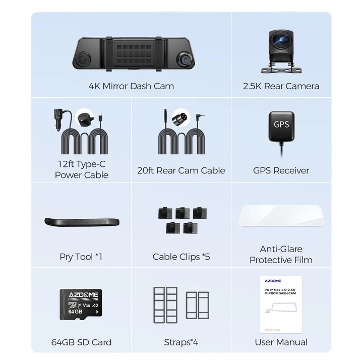 Camera auto DVR PG17 Max, 12 inch, 4K fata, 5K spate, card AZDOME 64GB