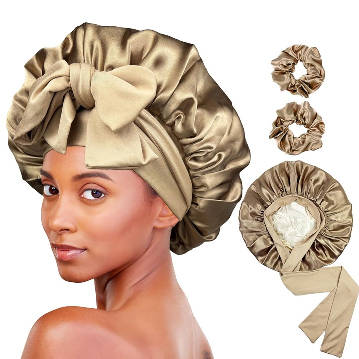 Boneta din satin pentru dormit, ZGGZERG, cu 2 Straturi, cu 2 elastice pentru par, Moale si respirabil, Protectie Impotriva Electricitatii Statice, Banda Elastica, Poliester, 35.5x60cm, Auriu