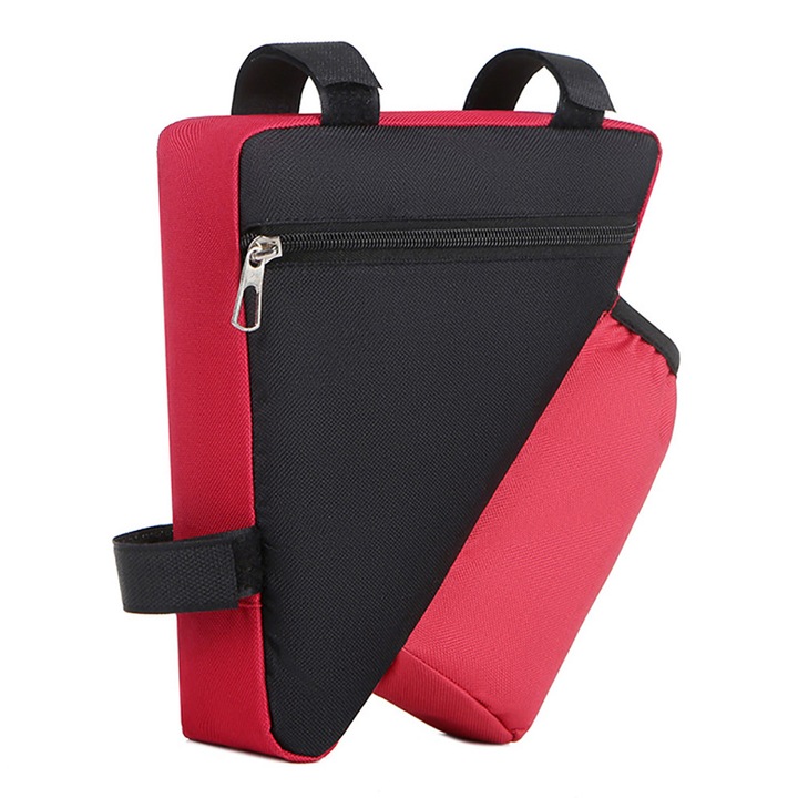 Geanta bicicleta triunghiulara, 22x19x6cm, negru si rosu, cu buzunar pentru sticla de apa, 3 prinderi ajustabile