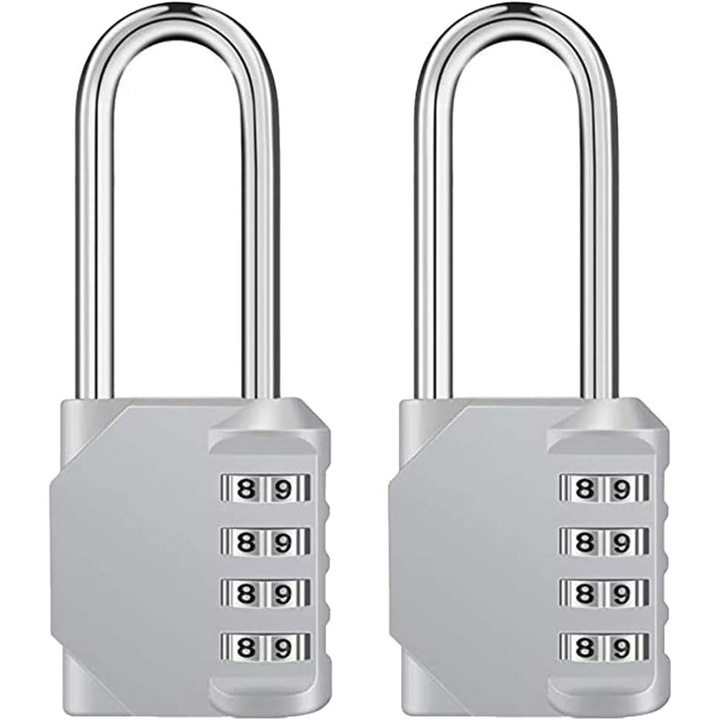 Комплект от 2 кодирани катинара, 4 нулируеми цифри, компактен дизайн, сребрист