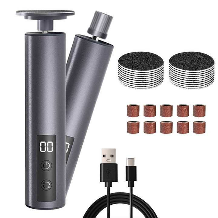 Pila electrica pentru unghii/calcaie, 2in1, 3 viteze ajustabile,17 capete pentru pila, 20 Discuri Smirghel Inter-Schimbabile, Accesorii incluse, Negru