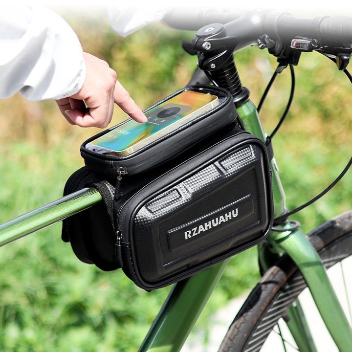 Geanta cadru bicicleta,, negru, 22x14.5cm, capacitate 3L, ecran tactil, rezistenta la apa