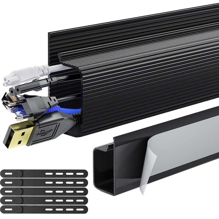 Set organizatoare cabluri, fara gaurire, Ascuns sub Blat Birou-Desktop, Silicon/PVC, 7 Piese, Negru