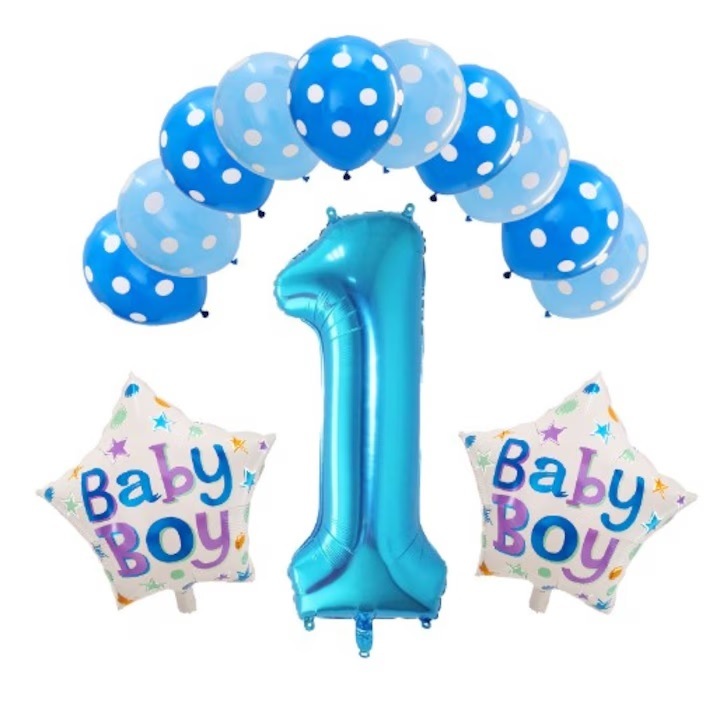 13 darabos lufikészlet, első évfordulóra, 10 latex lufi, 2 fólia csillag lufi, 1-es szám, kék