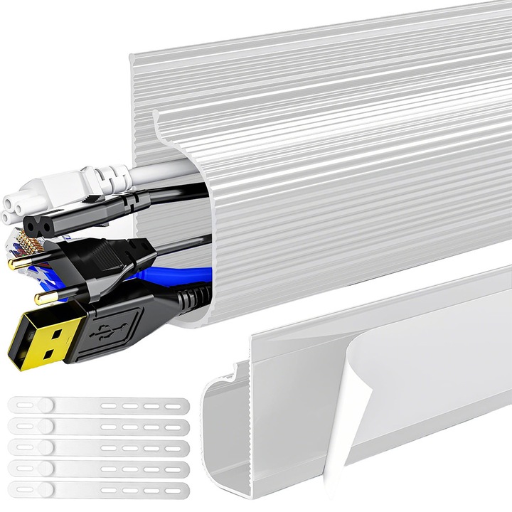 Комплект органайзер за кабели, без пробиване, скрит под бюро, силикон/PVC, 7 части, бял