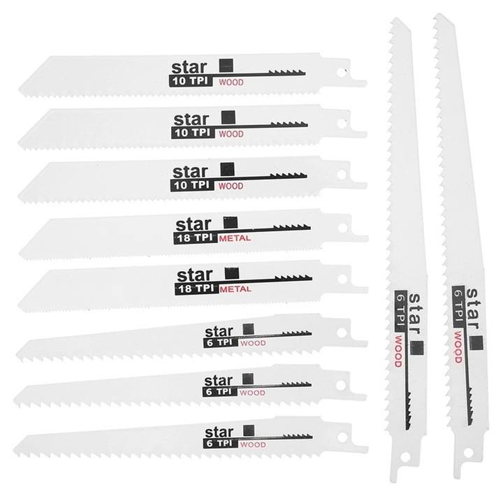 Set 10 lame fierastrau sabie, Axroad Mall, Pentru lemn si metal, Pentru taiere rapida si precisa, ideal pentru uz profesional si hobby, Eficienta, Ascutit, Rezistent la uzura, Durata lunga de viata, Lungimi 150–200mm, Otel, Alb