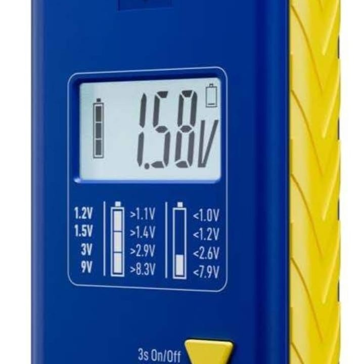 Tester baterii PROFESIONAL Varta cu inchidere automata pentru 9V, AAA, AA, C, D, CR2016, CR2025, CR2032, CR2450 Albastru/Galben