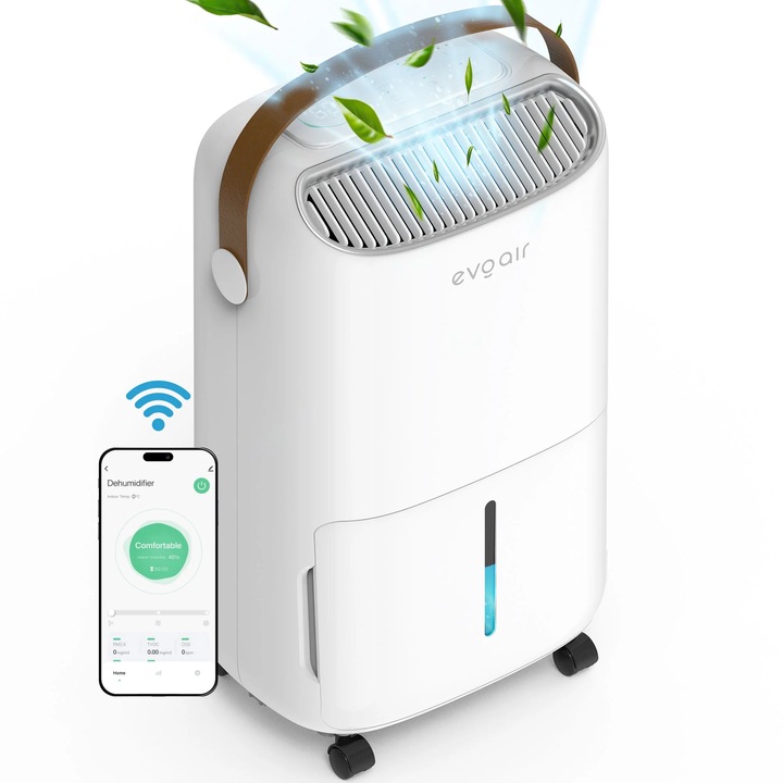 Dezumidificator Evoair, NovaDry 12 Smart, 12l/24h, Senzor de Umiditate, Functie Ionizare, Uscare Rufe, Rezervor 2.5l, Lampa UVC, Alb, Curea Maro