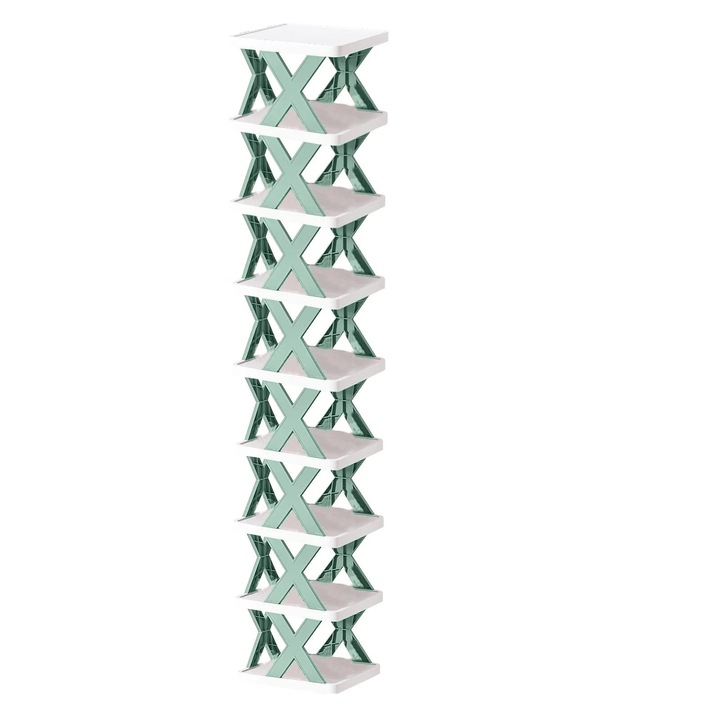 YANYXR BCS2906879 cipőtartó, 9 szintes, ABS, moduláris, 6-8 pár cipőhöz, fehér/zöld, 26 x 24 x 130 cm