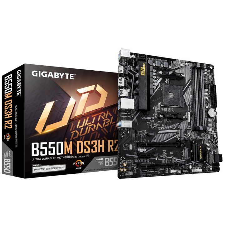 Дънна платка GIGABYTE B550M DS3H R2 AM4, 4x DDR4, 1x DP 1x HDMI, 2x PCIE 4.0 x16 1x PCIE 3.0 x1, 2x M.2, 4x SATA 6GB/s, mATX