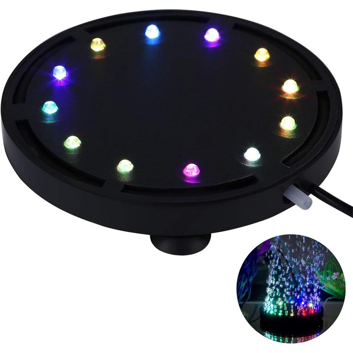 12 többszínű RGB LED víz alatti buborékos éjszakai fény akváriumhoz / Akváriumi levegőztető kő korong többszínű, kerek akváriumi buborék automatikus színváltással