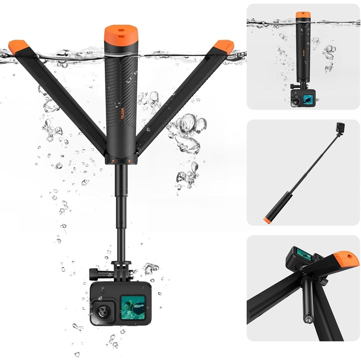 Selfie Stick pentru camera Telesin, grip flotant, trepied, extensibil 22-61cm, 145g, compatibil cu GoPro, DJI si Insta360