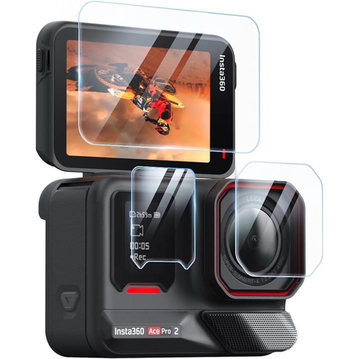 Protector de ecran Telesin compatibil cu camera Insta360 Ace Pro 2, folie din sticla securizata anti-zgarieturi, cu acoperire completa si claritate ridicata