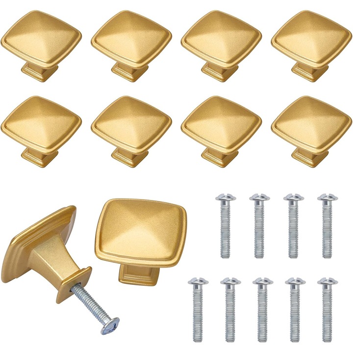 Set 10 butoane aurii pentru sertare, dimensiune 30x30x24mm, cu suruburi incluse